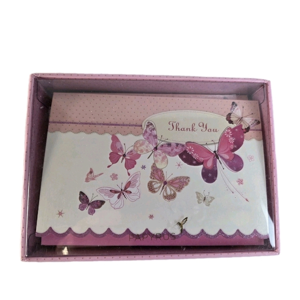 PAPYRUS Pink Butterfly THANK YOU Blank NOTE CARDS & ENVELOPES Glitter Set of 9